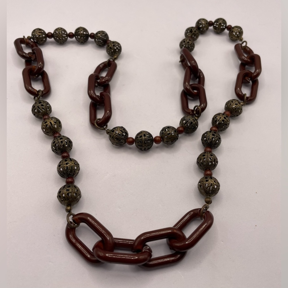 Vintage Necklace with Acrylic Oval Links Antiqued Gold Tone Metal Filigree Beads